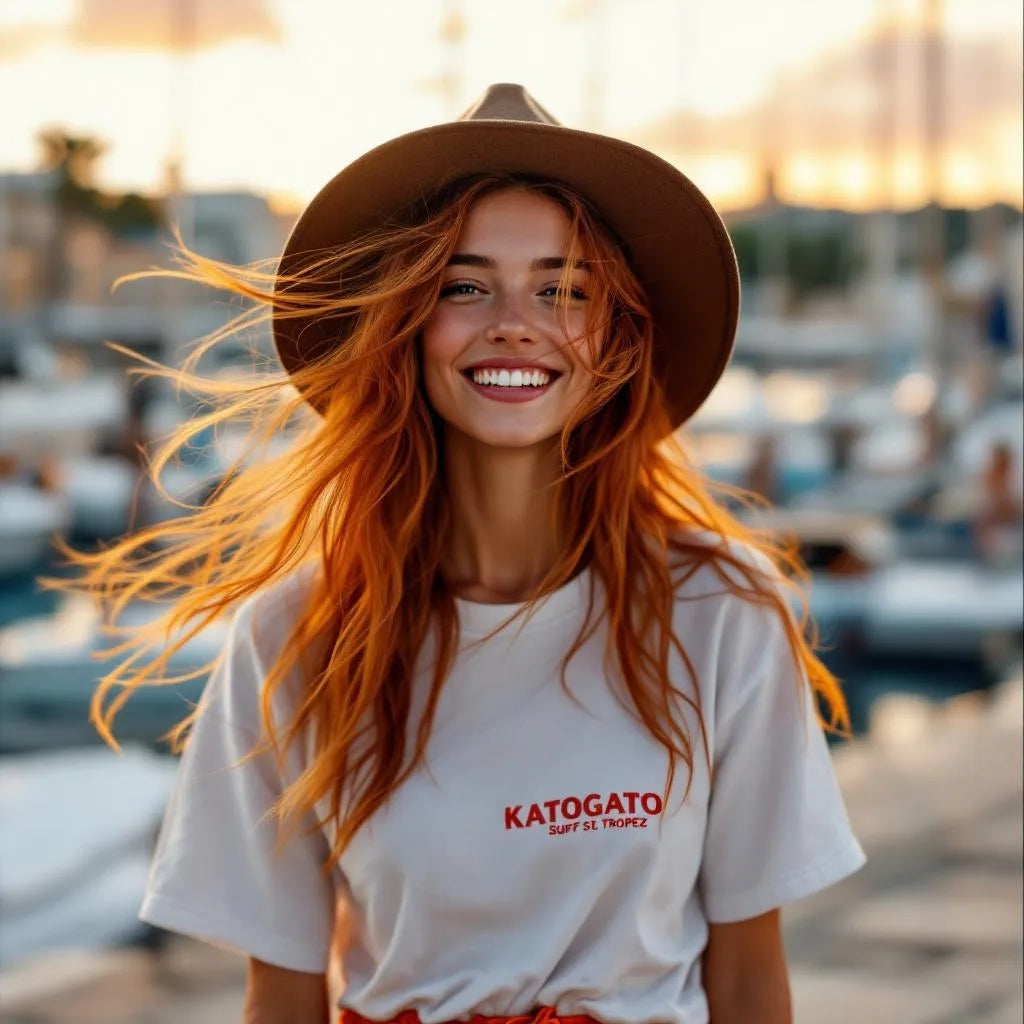 Rothariges Young Fashion Model trägt Hut und ein Graues Katogato T-Shirt im Hafen von St.Tropez
