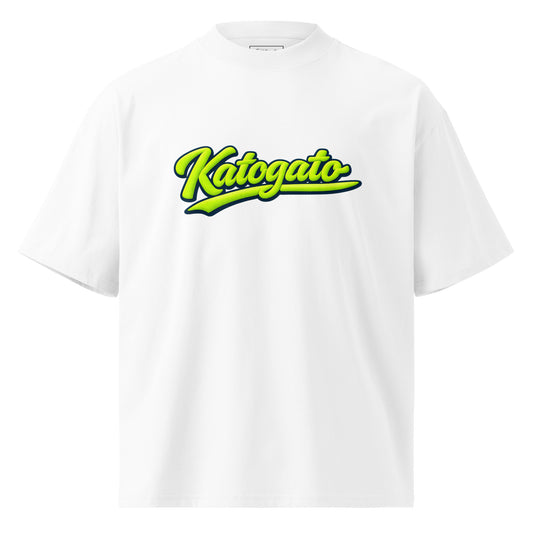 Katogato-Neon-Script-organic-oversized-high-neck-t-shirt-white-front