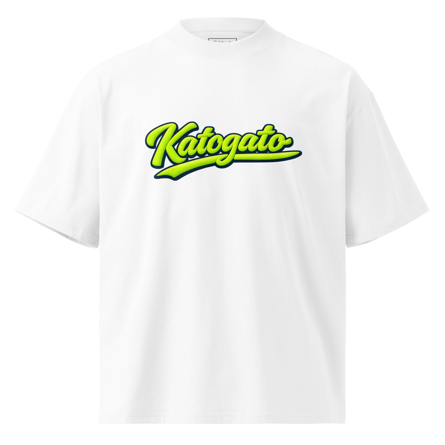 Katogato-Neon-Script-organic-oversized-high-neck-t-shirt-white-front