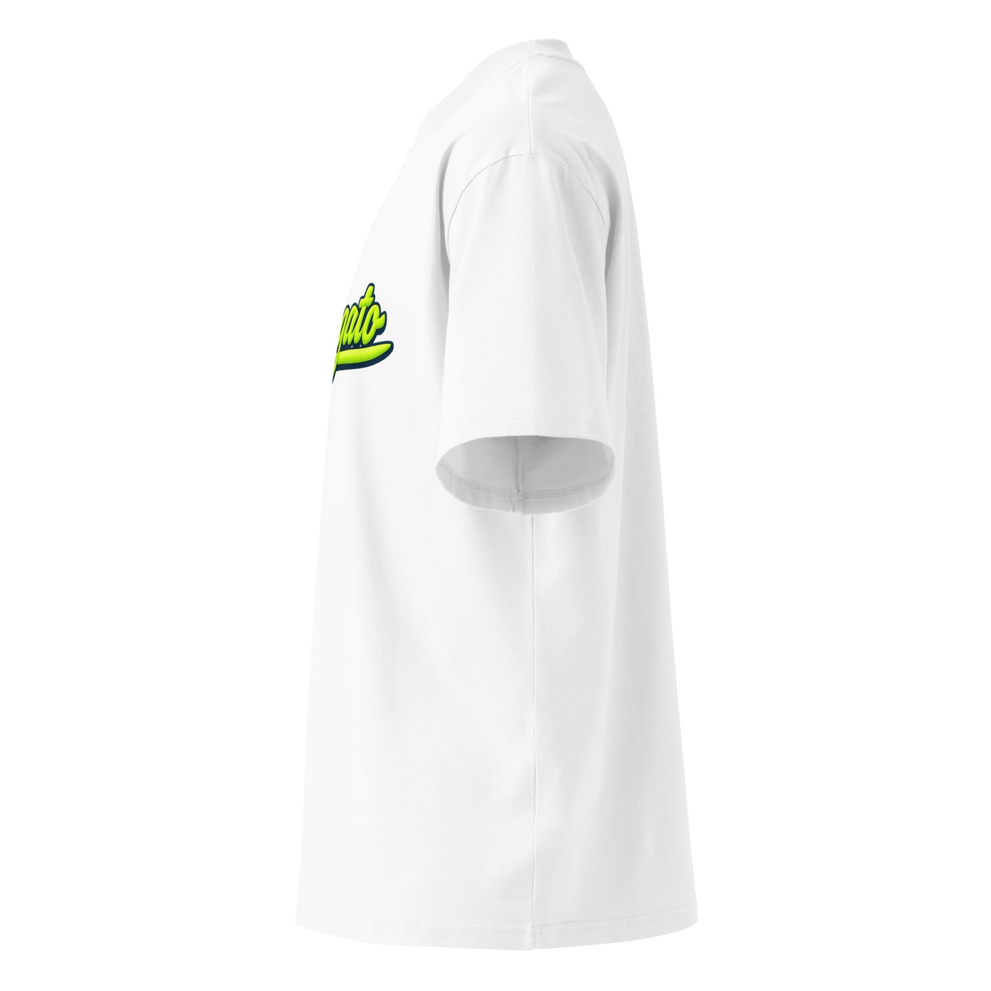 Katogato-Neon-Script-organic-oversized-high-neck-t-shirt-white-left