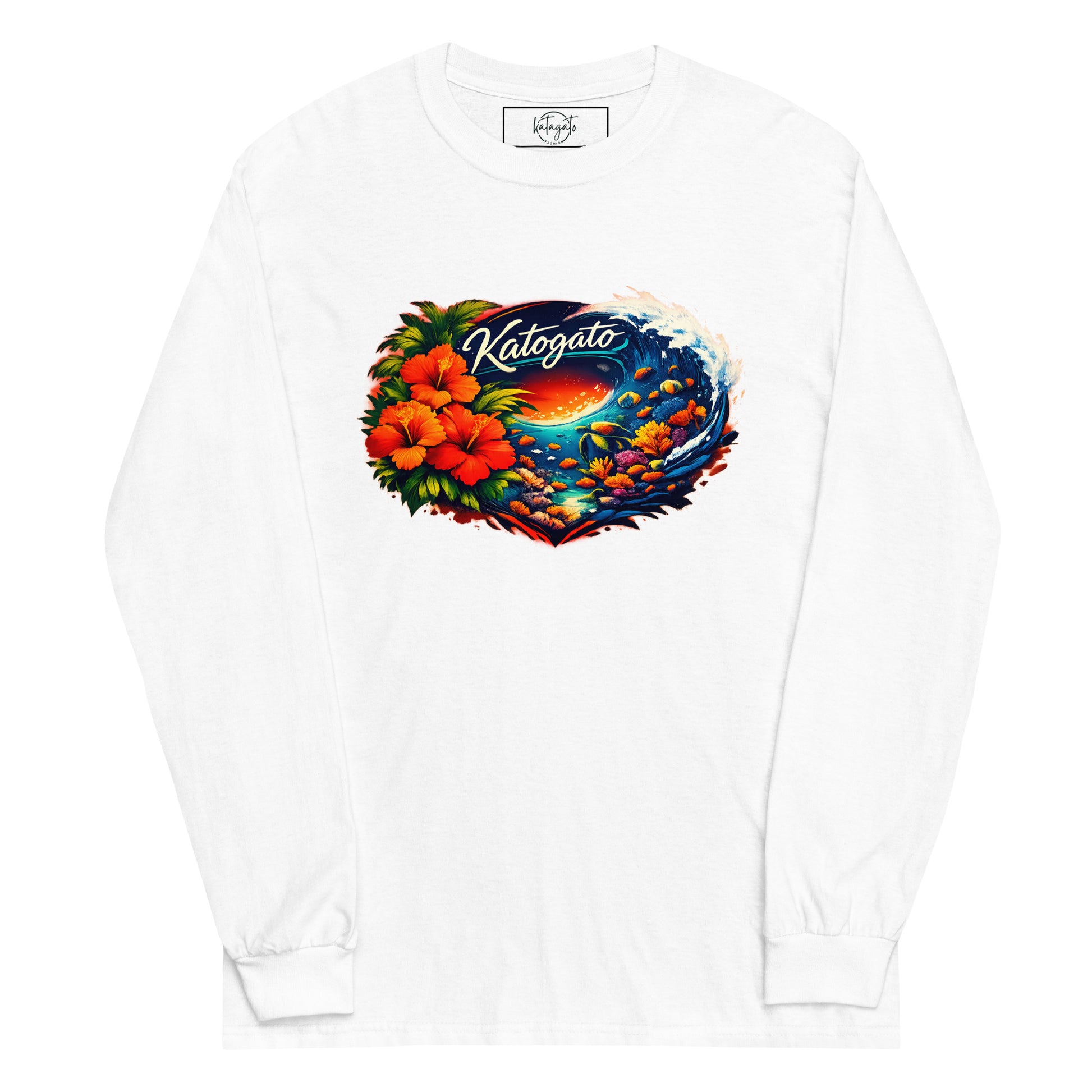Product-mockup-Katogato-Reef-Bloom-Heart-mens-long-sleeve-shirt-white-front 