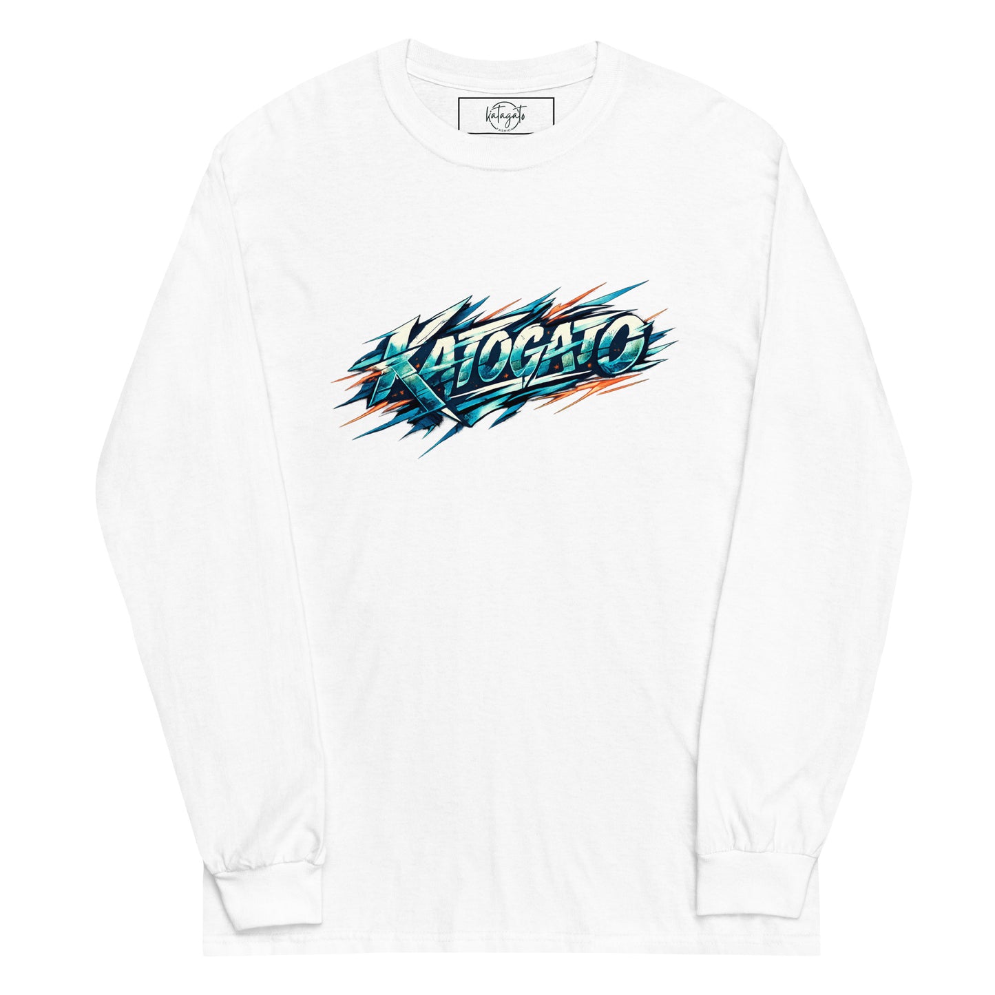 Product-mockup-Katogato-Signature-Chaos-mens-long-sleeve-shirt-white-front