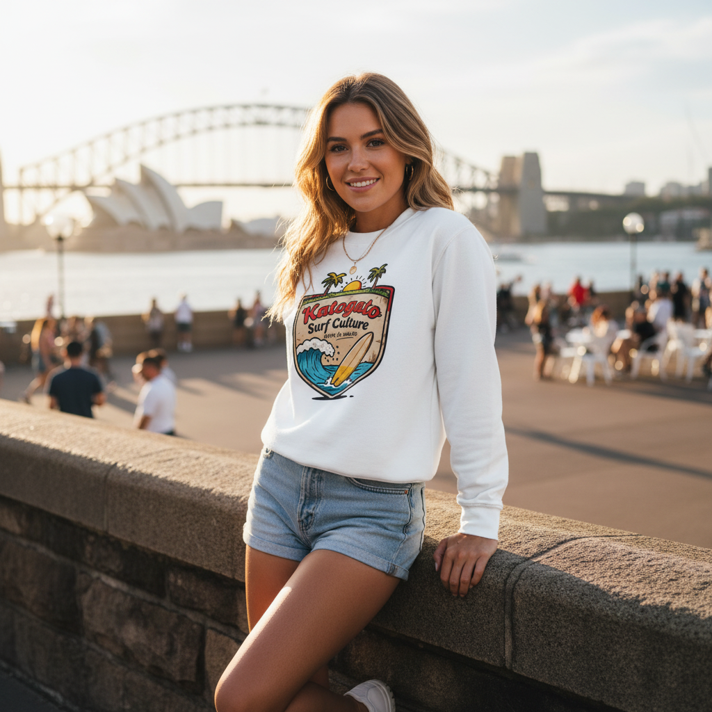 Katogato "Born in Waves" Damen-crew-neck-sweatshirt-white-front