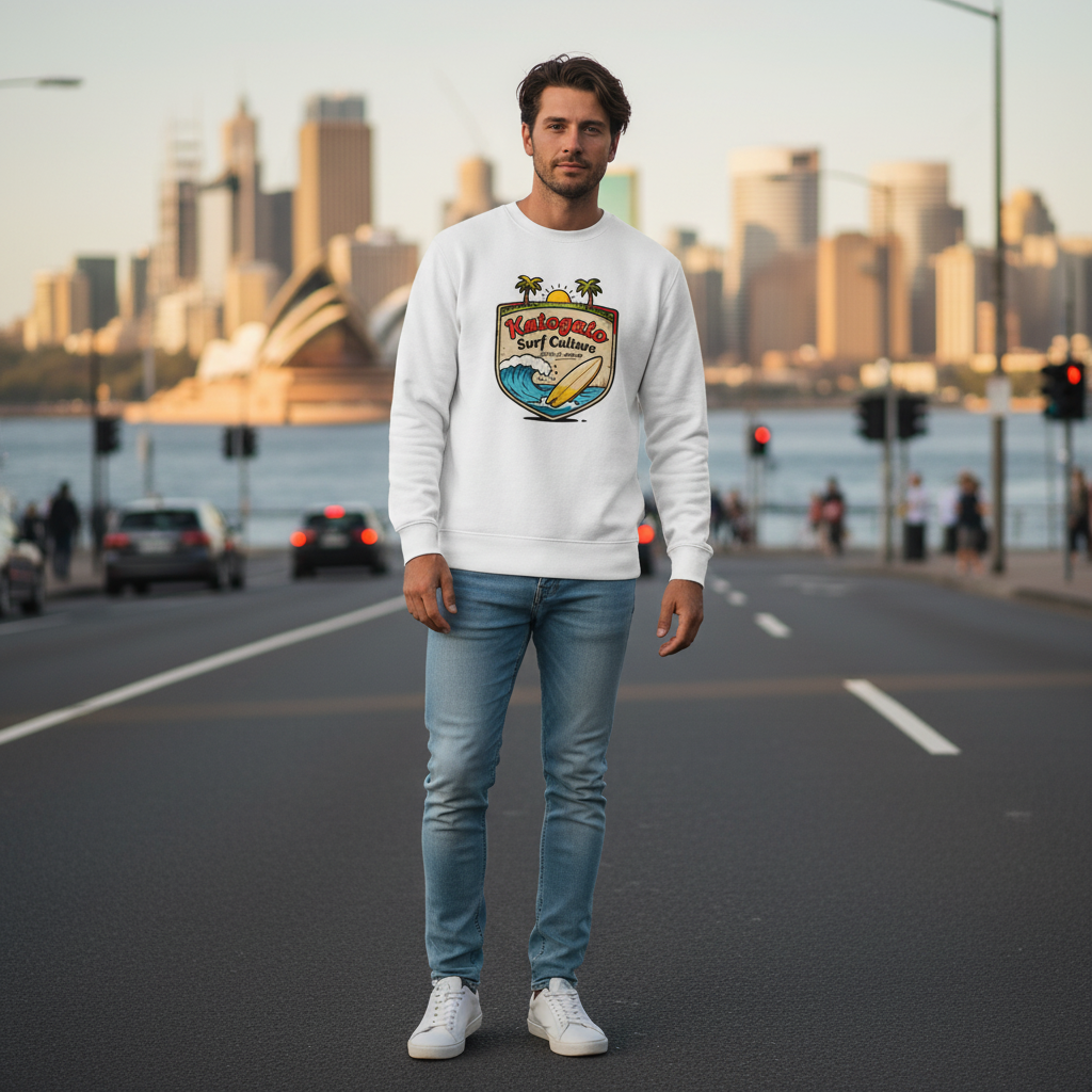 Katogato "Born in Waves" Herren-crew-neck-sweatshirt-white-front