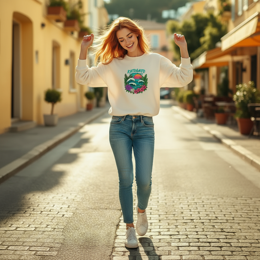 Young Lady wear the Katogato Riviera Wave – Bio-Sweatshirt