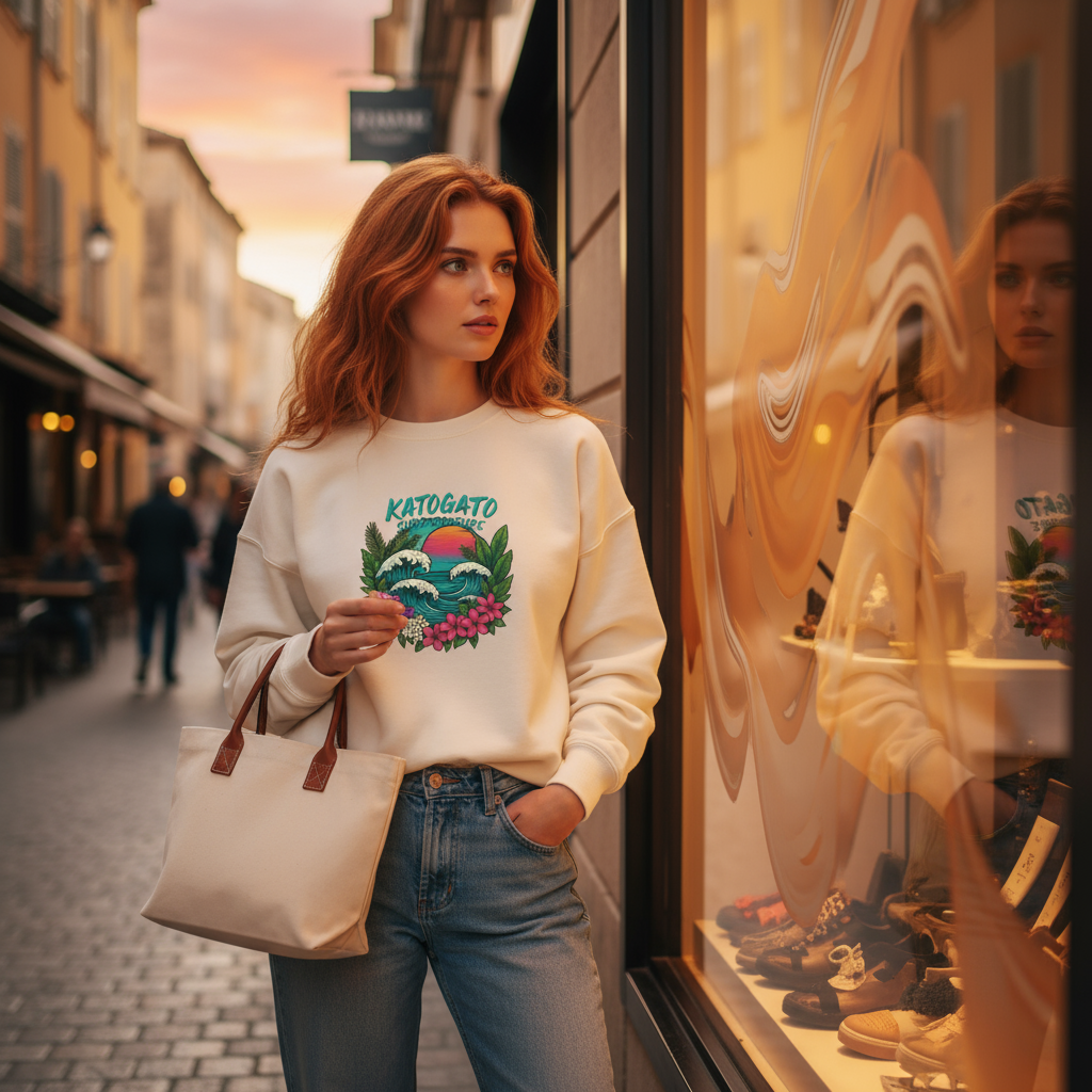 Young Lady wear the Katogato Riviera Wave – Bio-Sweatshirt