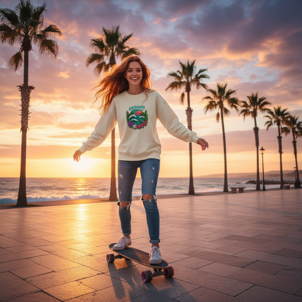 Young Lady wear the Katogato Riviera Wave – Bio-Sweatshirt on Skateboard
