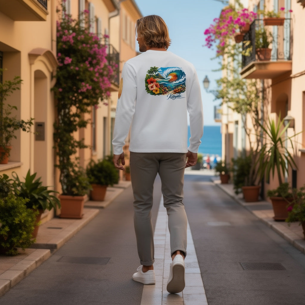 Katogato Herren Langarmshirt – Surf Paradise White Edition