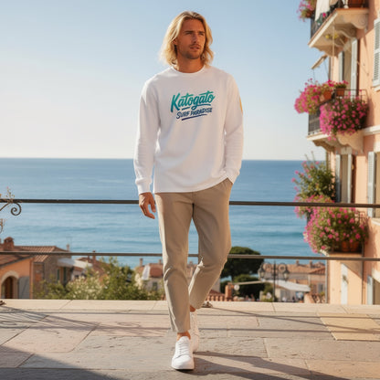 Katogato Herren Langarmshirt – Surf Paradise White Edition