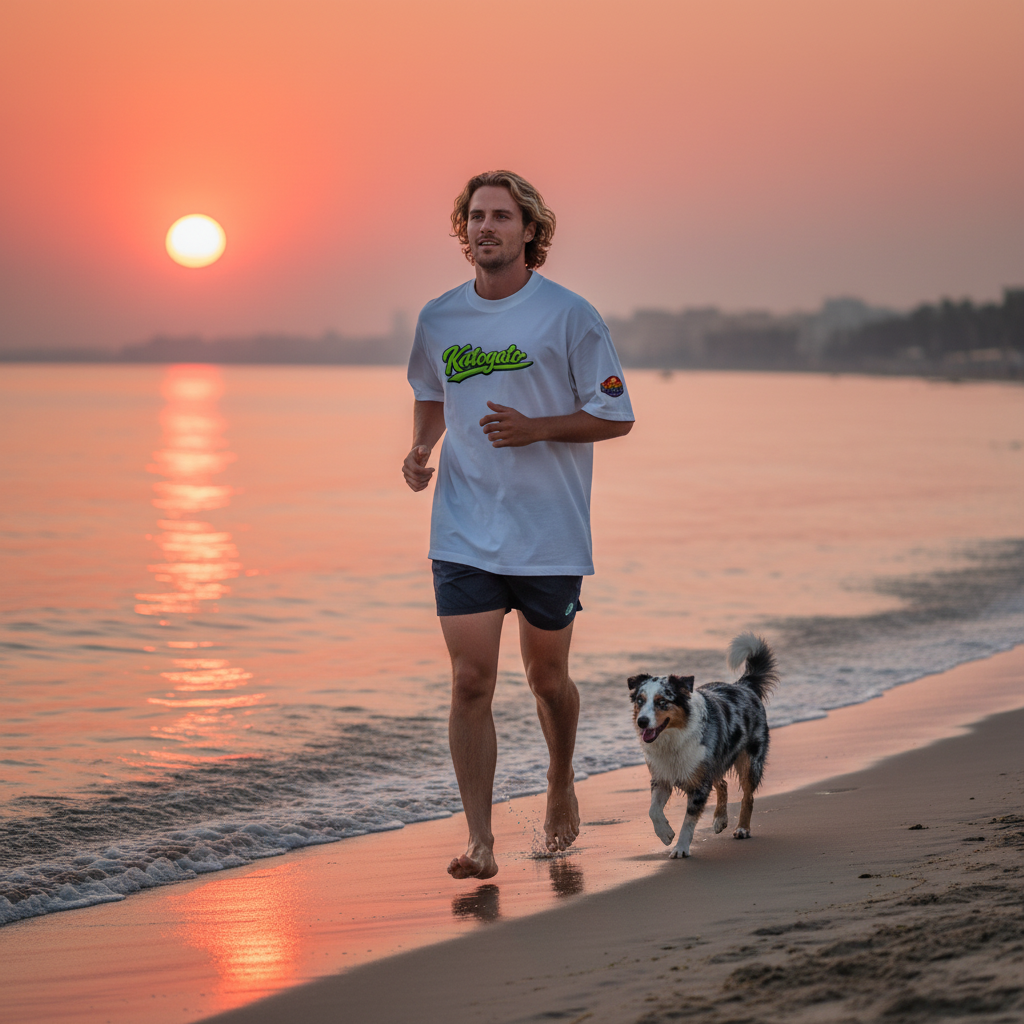 Katogato “Surf-Chill-Repeat“  Oversized-Herren-Bio-T-Shirt mit Motiv Aufdruck Vorne und hinten