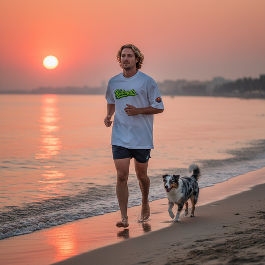 Katogato “Surf-Chill-Repeat“  Oversized-Herren-Bio-T-Shirt mit Motiv Aufdruck Vorne und hinten