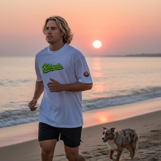 Katogato “Surf-Chill-Repeat“  Oversized-Herren-Bio-T-Shirt mit Motiv Aufdruck Vorne und hinten