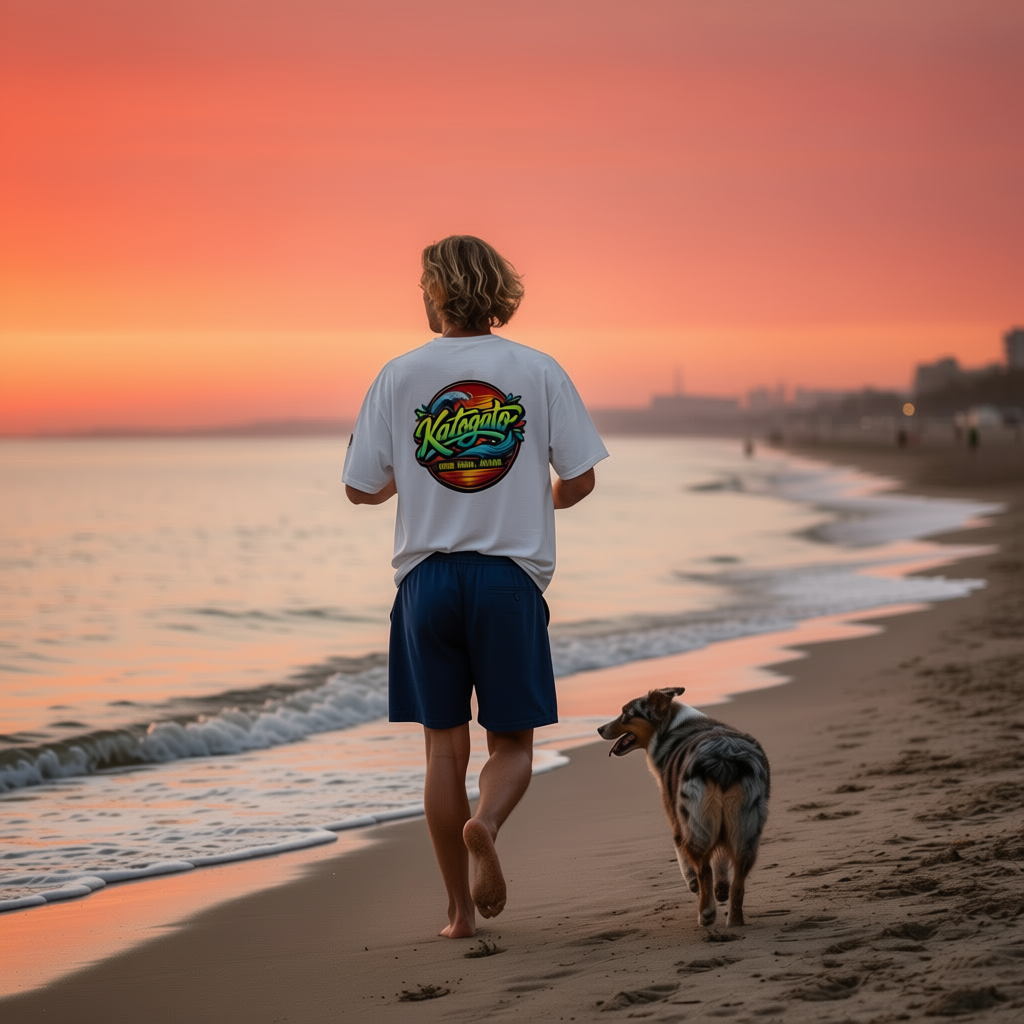 Katogato “Surf-Chill-Repeat“  Oversized-Herren-Bio-T-Shirt mit Motiv Aufdruck Vorne und hinten