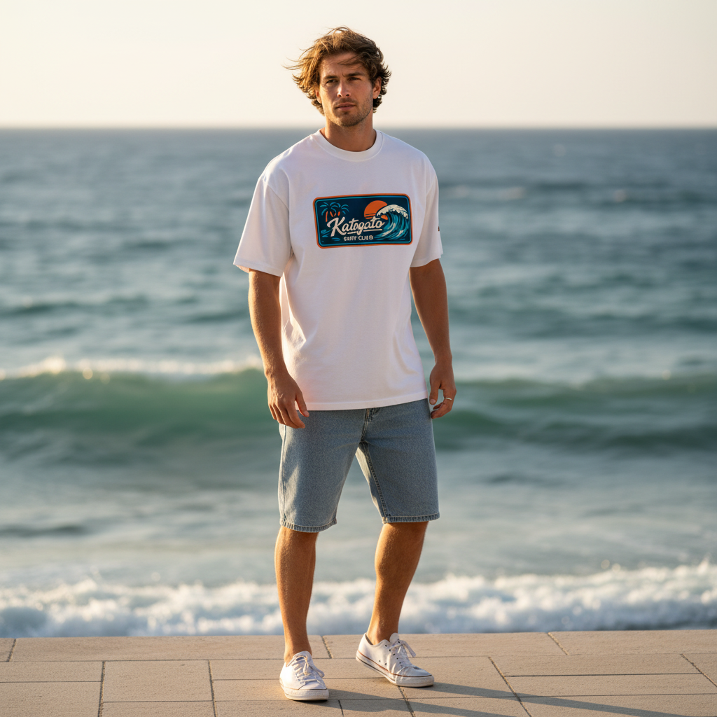 Katogato “Surf Club“ Oversized Bio-T-Shirt mit breitem Kragen